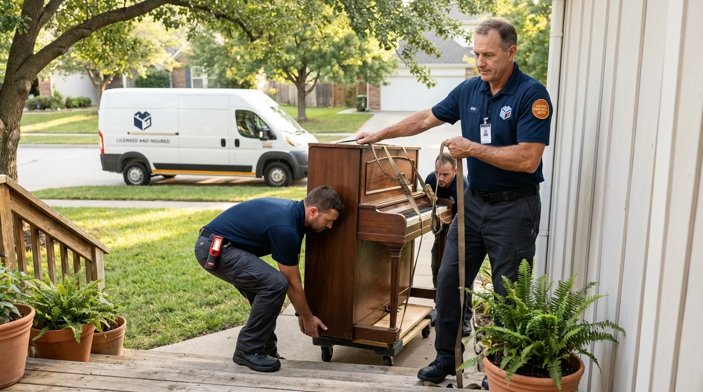 Licensed piano movers securing grand piano in Indian River, MI
