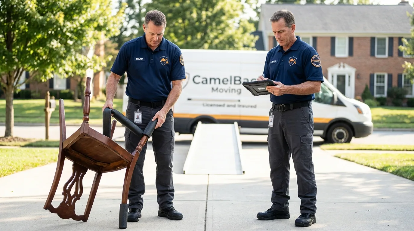 Movers inspecting furniture for damage prevention before loading in Indian River, MI