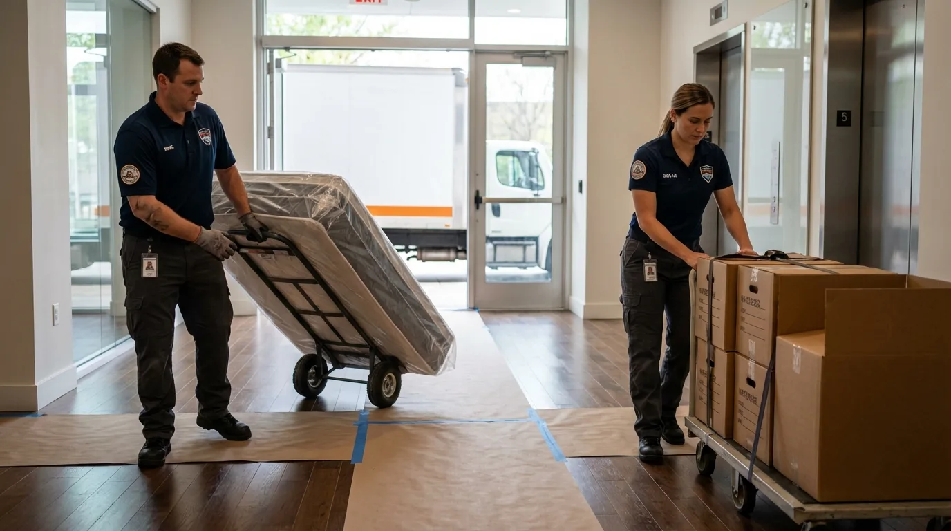 Professional apartment movers loading elevator in Indian River, MI